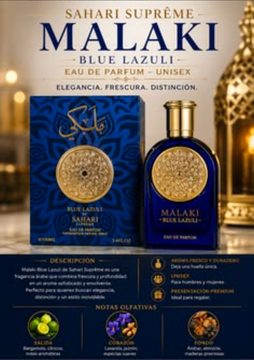 Malaki Blue Lazuli de Sahari Suprême es una fragancia árabe unisex de alta gama que fusiona a la perfección la frescura cítrica con una sofisticada profundidad oriental. Diseñada para quienes buscan distinción y un estilo inolvidable.✨️💙