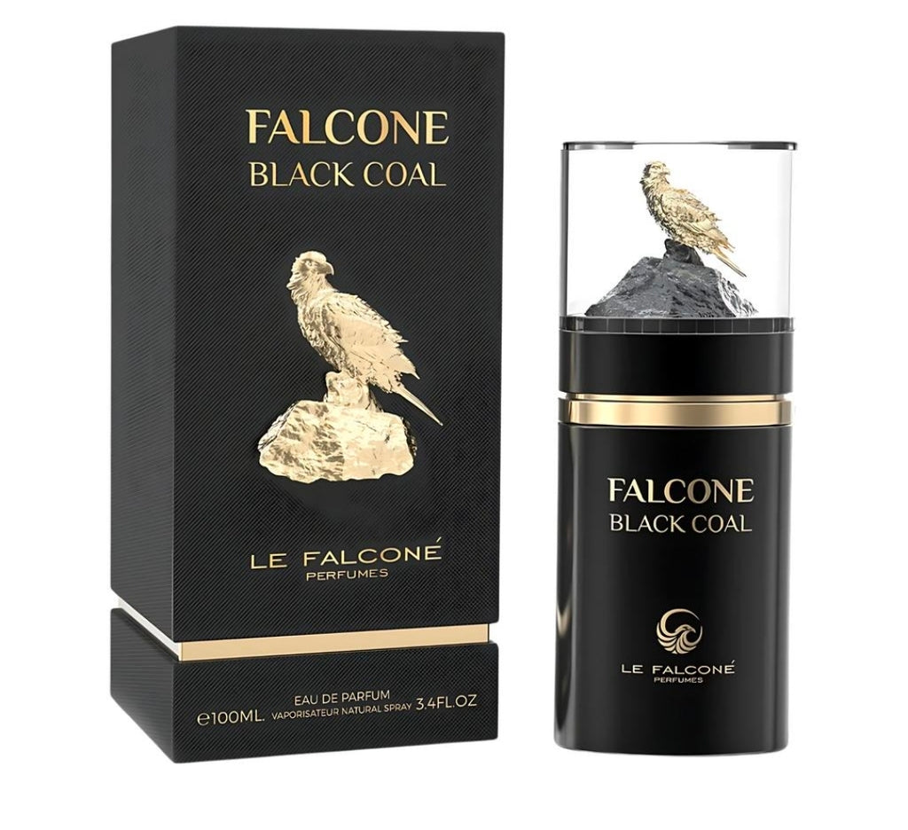 Le Falconé Black Coal, un Eau de Parfum de 100 ml. cálido, especiado, amaderado, ligeramente dulce y con un toque de cuero, dejando una sensación intensa y elegante. Para hombres.