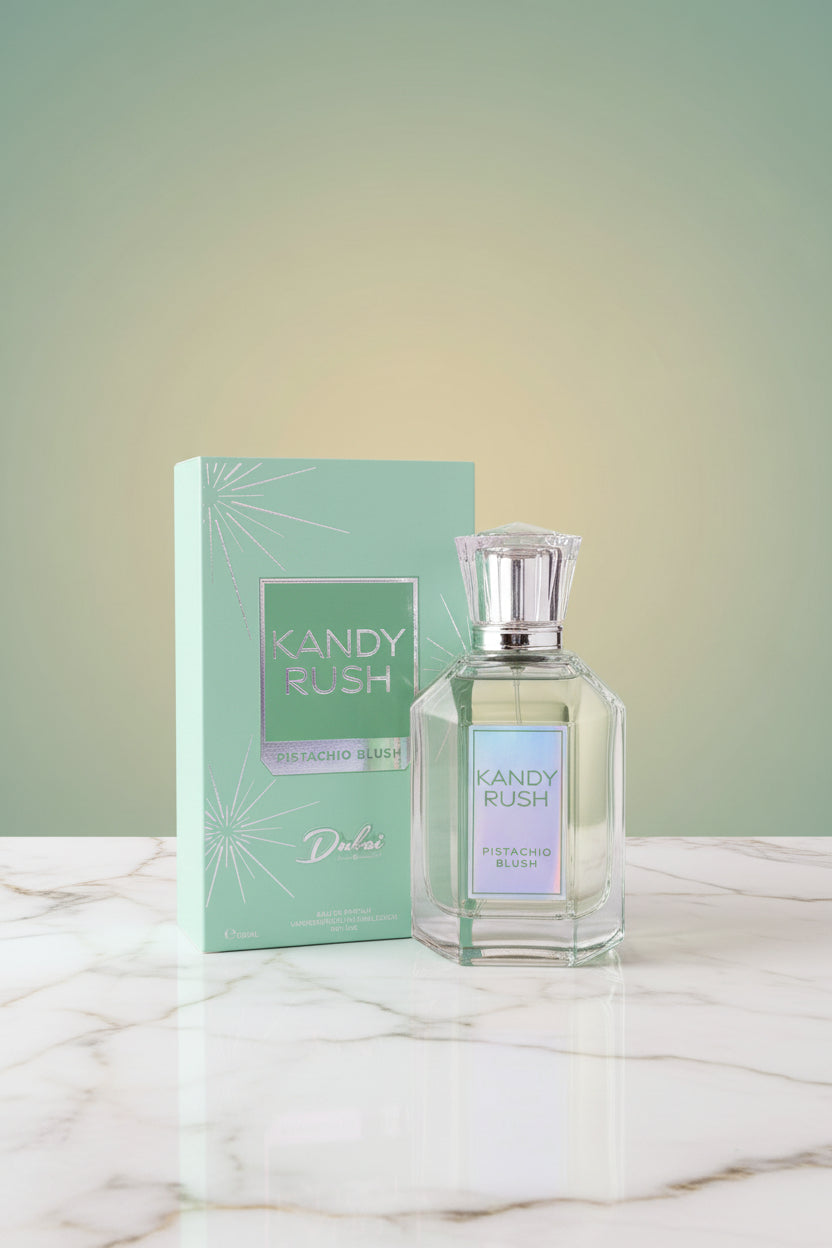 Kandy Rush "Pistachio Blush" de la marca Dubai Essences ( línea de fragancias árabes Dubai Fragrances). Es un Eau de Parfum diseñado predominantemente para mujer que ha ganado popularidad gracias a su tendencia olfativa dulce. Inspiración
