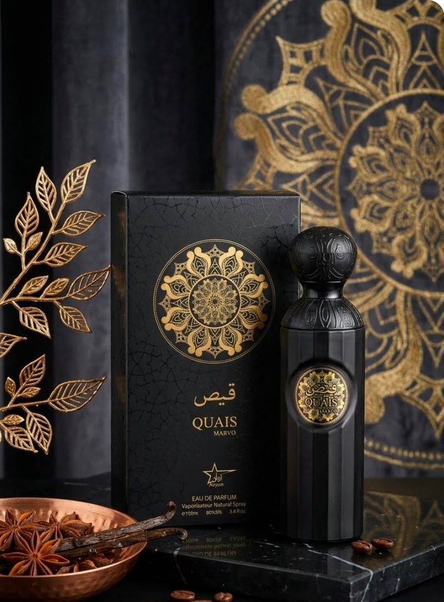 Quais Marvo (de la casa Aryan), una fragancia inspirada en el perfil olfativo de Mavro de la marca de lujo Gissah. Su aroma se clasifica dentro de la familia cítrica, amaderada y especiada. Inspiración.
