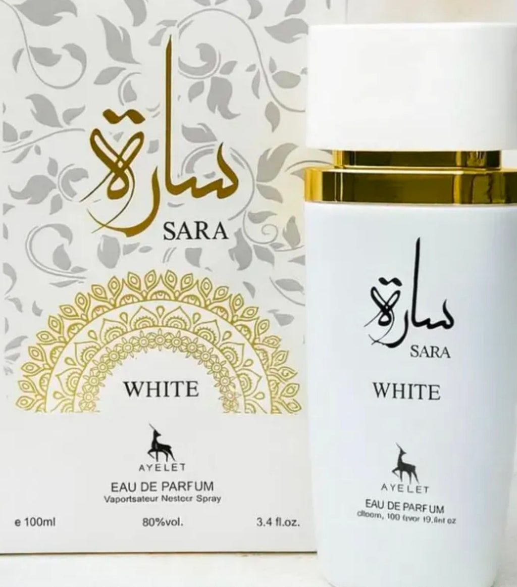 Sara White de la marca Ayelet. Es una fragancia diseñada para mujer que pertenece al popular mundo de la perfumería de inspiración árabe (producida en Dubái)