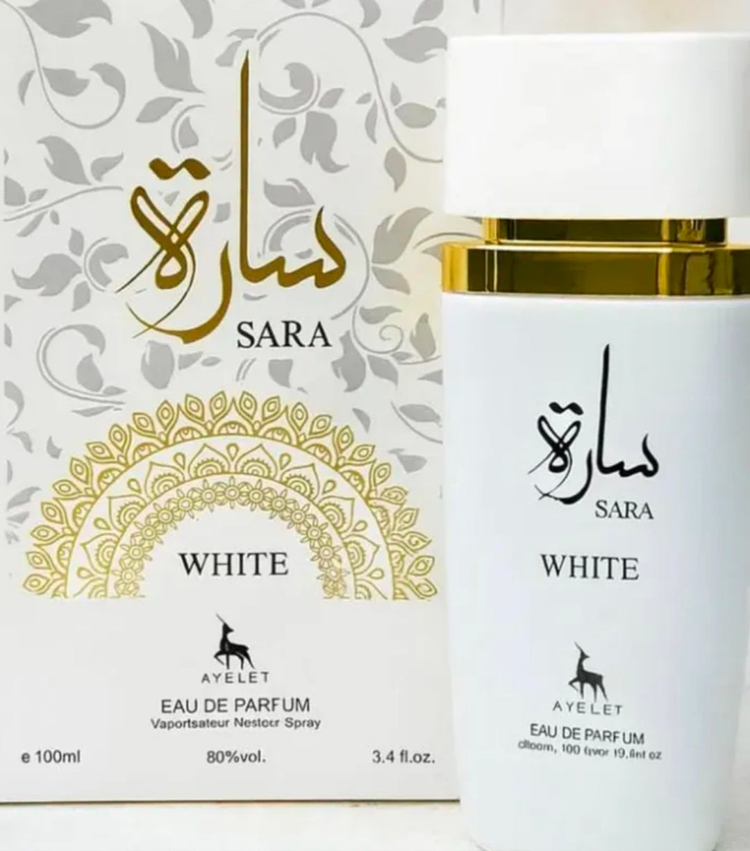 Sara White de la marca Ayelet. Es una fragancia diseñada para mujer que pertenece al popular mundo de la perfumería de inspiración árabe (producida en Dubái)