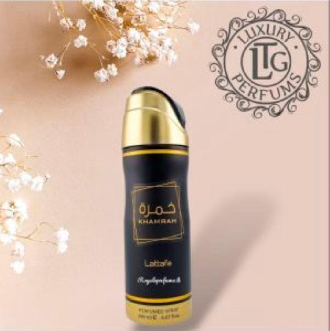 Lattafa Khamrah Perfumed Deodorant Spray para el cuerpo. Toques sumamente dulces y cremosos de praliné y dátiles, mezclados con ligeros matices florales de nardo y lirio de los valles.💖✨️