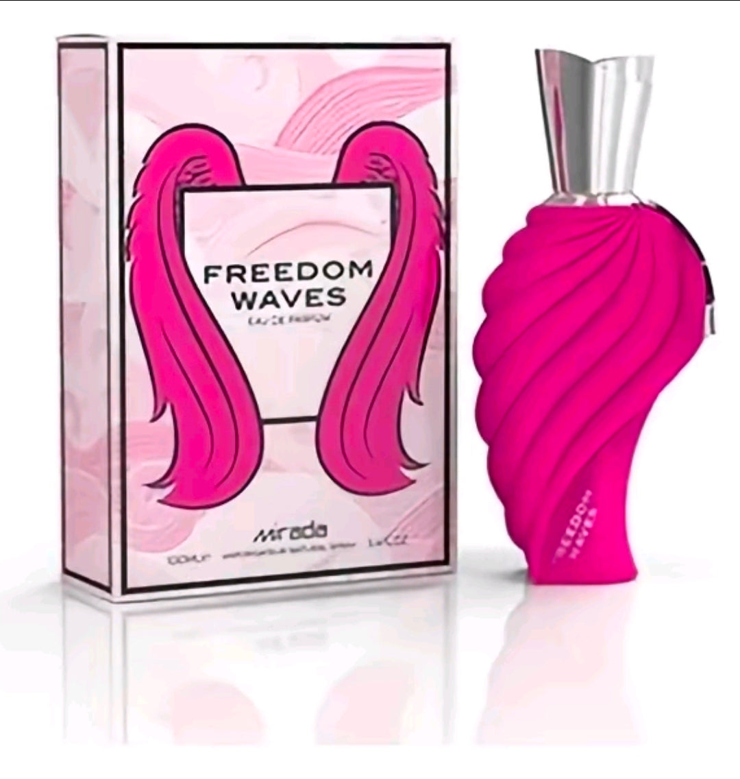 Freedom Waves de la marca Mirada (un Eau de Parfum para mujer. Destaca por ser un aroma sumamente dulce, juvenil y vibrante, ideal para quienes disfrutan de acordes acaramelados, afrutados y profundos.