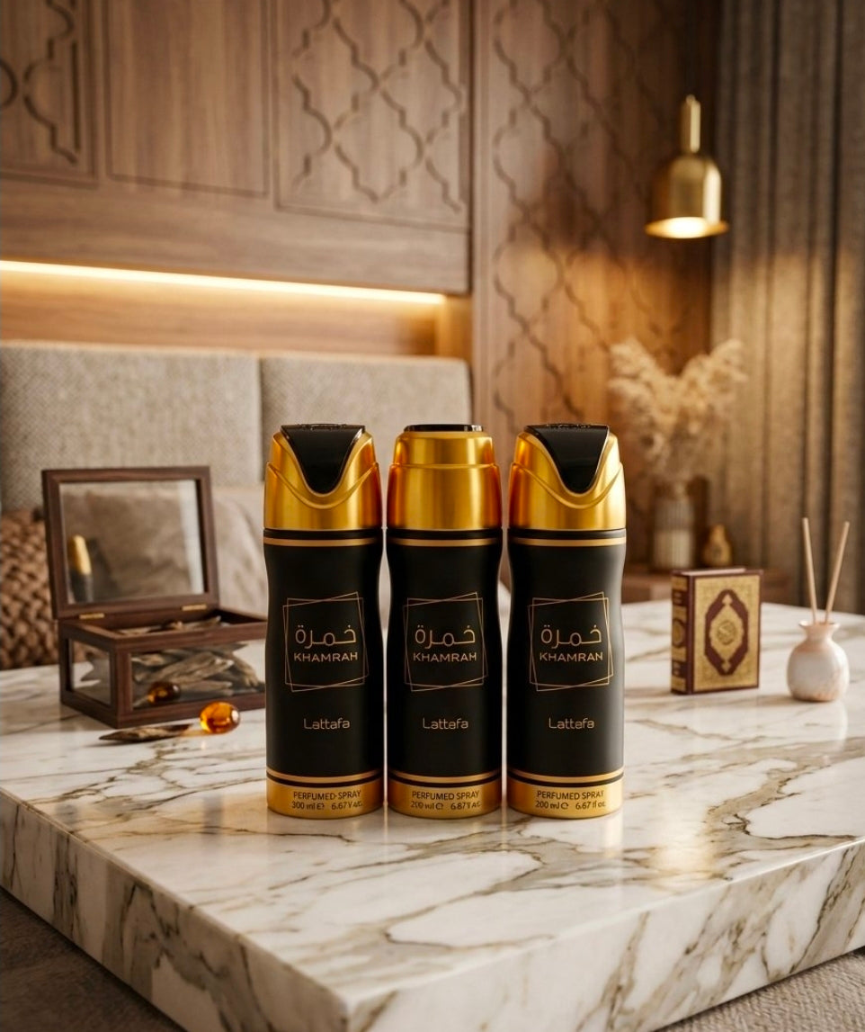 Lattafa Khamrah Perfumed Deodorant Spray para el cuerpo. Toques sumamente dulces y cremosos de praliné y dátiles, mezclados con ligeros matices florales de nardo y lirio de los valles.💖✨️