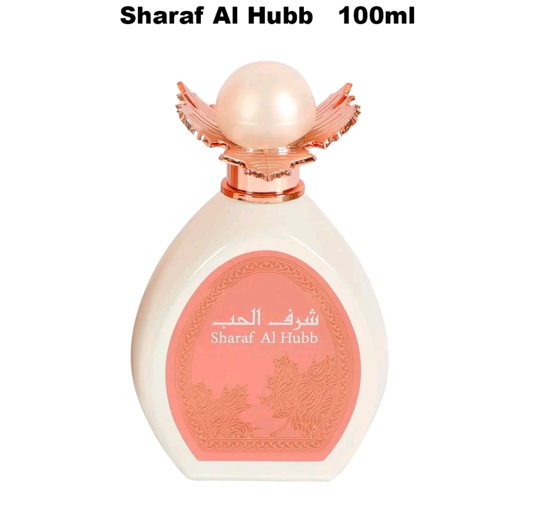 Sharaf Al Hubb Eau de Parfum (100 ml), Es una fragancia sofisticada y llamativa, ideal para ocasiones especiales, citas románticas o salidas nocturnas donde se busque dejar una estela memorable y elegante.100% Original arabe.