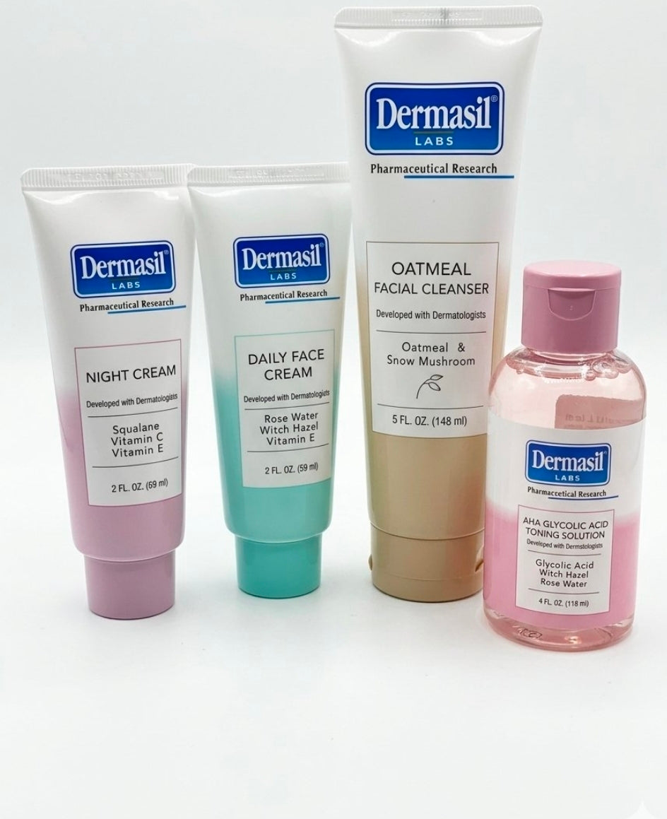 Llegó Dermasil Labs, la rutina de skincare con * 🧼 Limpiador de Avena: Limpia y calma tu piel.
* 🧪 Tónico de Ácido Glicólico:• Exfolia y da máxima luminosidad.
• ☀️ Crema de Día: • Hidratación ligera con Vitaminas.🌙 Crema de Noche: Repara con vitaminaC