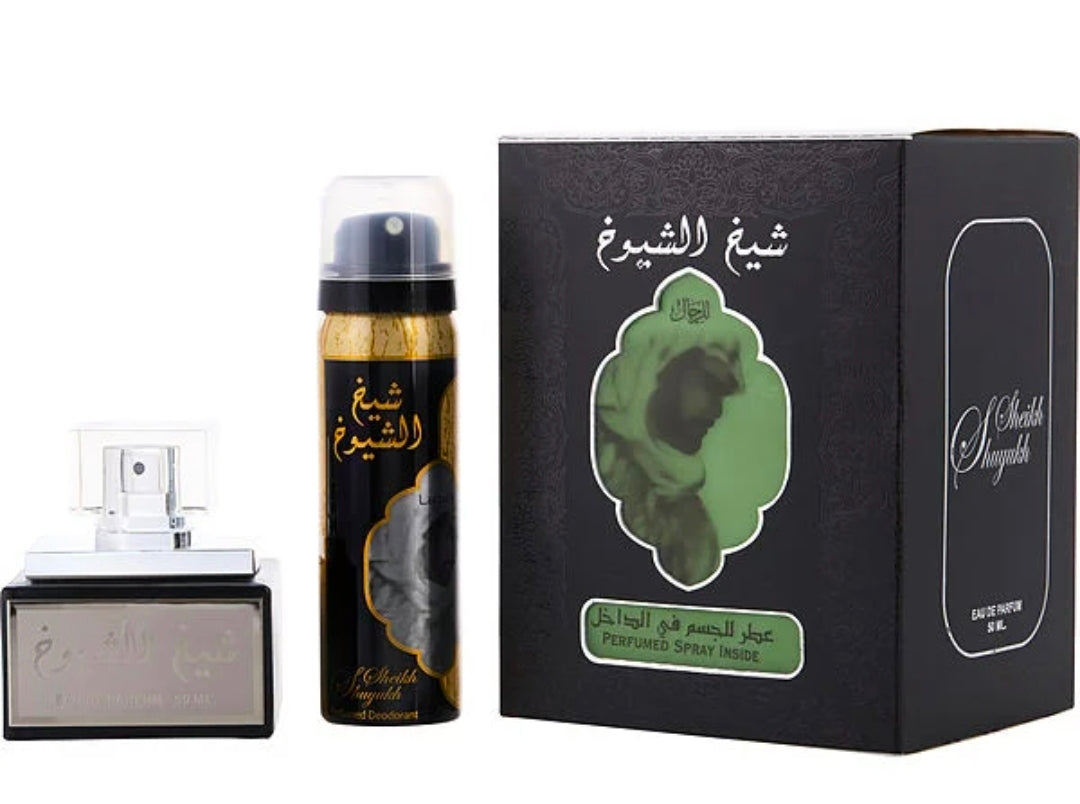 Sheikh Al Shuyukh de Lattafa Perfumes (edición clásica / Black Edition).Poderoso, sofisticado y místico. Eleva tu presencia con Sheikh Al Shuyukh de Lattafa, el combo de perfume y desodorante que define el verdadero carácter oriental amaderado. ✨️💛