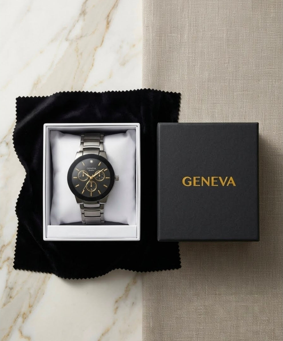 Reloj analógico de cuarzo para hombre de la marca Geneva, diseñado como un accesorio de vestir elegante y de costo accesible.