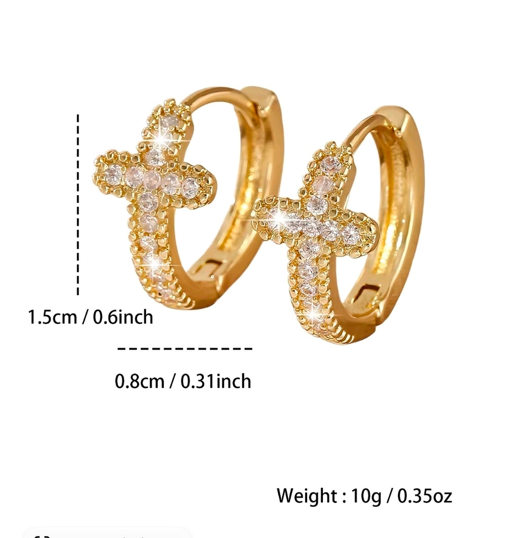 Arracadas geométricas de cruz bañadas en oro de 14k para mujer con incrustaciones de circonia cúbica: aretes de broche simples, modernos y elegantes a un precio accesible para uso diario"