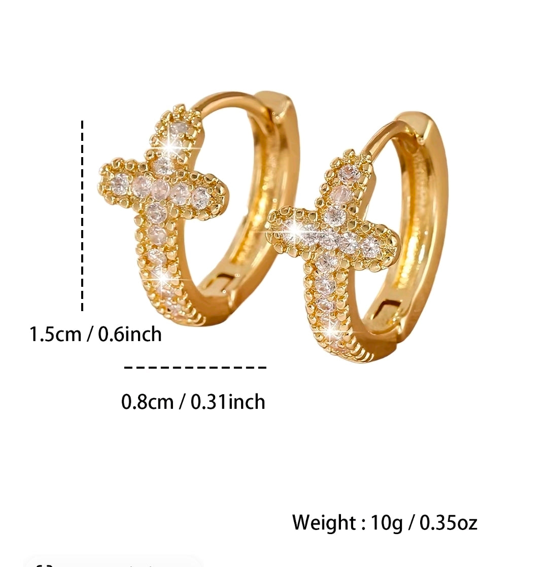 Arracadas geométricas de cruz bañadas en oro de 14k para mujer con incrustaciones de circonia cúbica: aretes de broche simples, modernos y elegantes a un precio accesible para uso diario"
