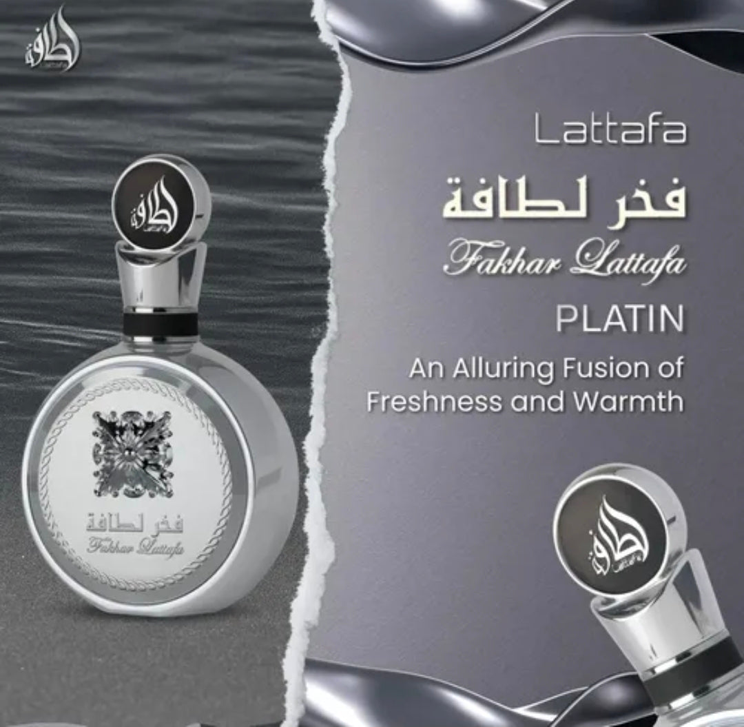 Fakhar Platin de Lattafa Perfumes. Notas de Salida (Primer impacto): Bergamota, pimienta rosa y cardamomo.Notas de Corazón (Cuerpo de la fragancia): Guayaba, lavanda y jengibre.Notas  (Permanencia en piel): Incienso, palo santo y sándalo.100% Original