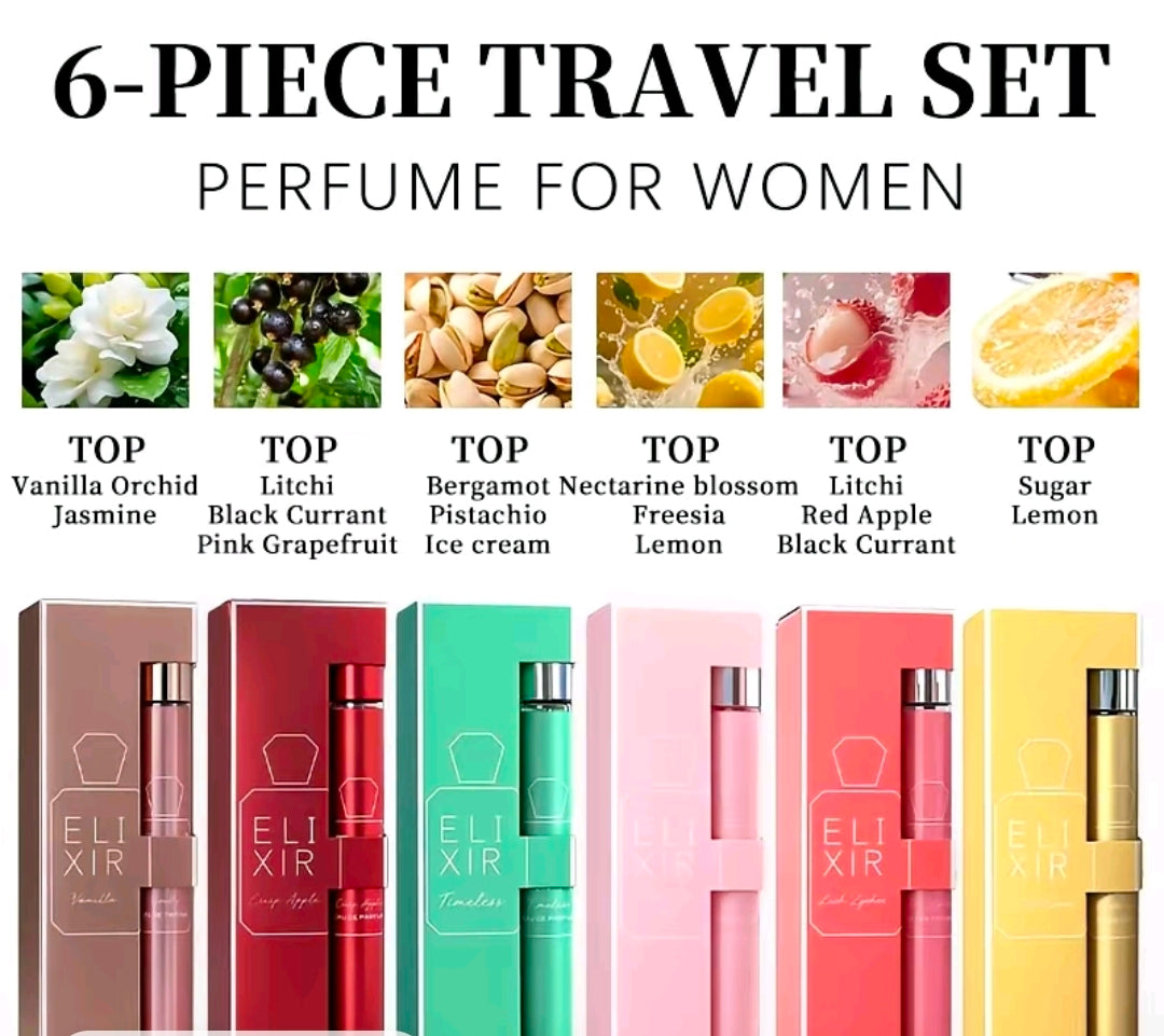 Women's ELIXIR Travel Perfume Gift Set que include 6.Este set está diseñado para ofrecer una variedad de aromas según tu estado de ánimo o para llevar cómodamente en el bolso durante tus viajes. Inspiración