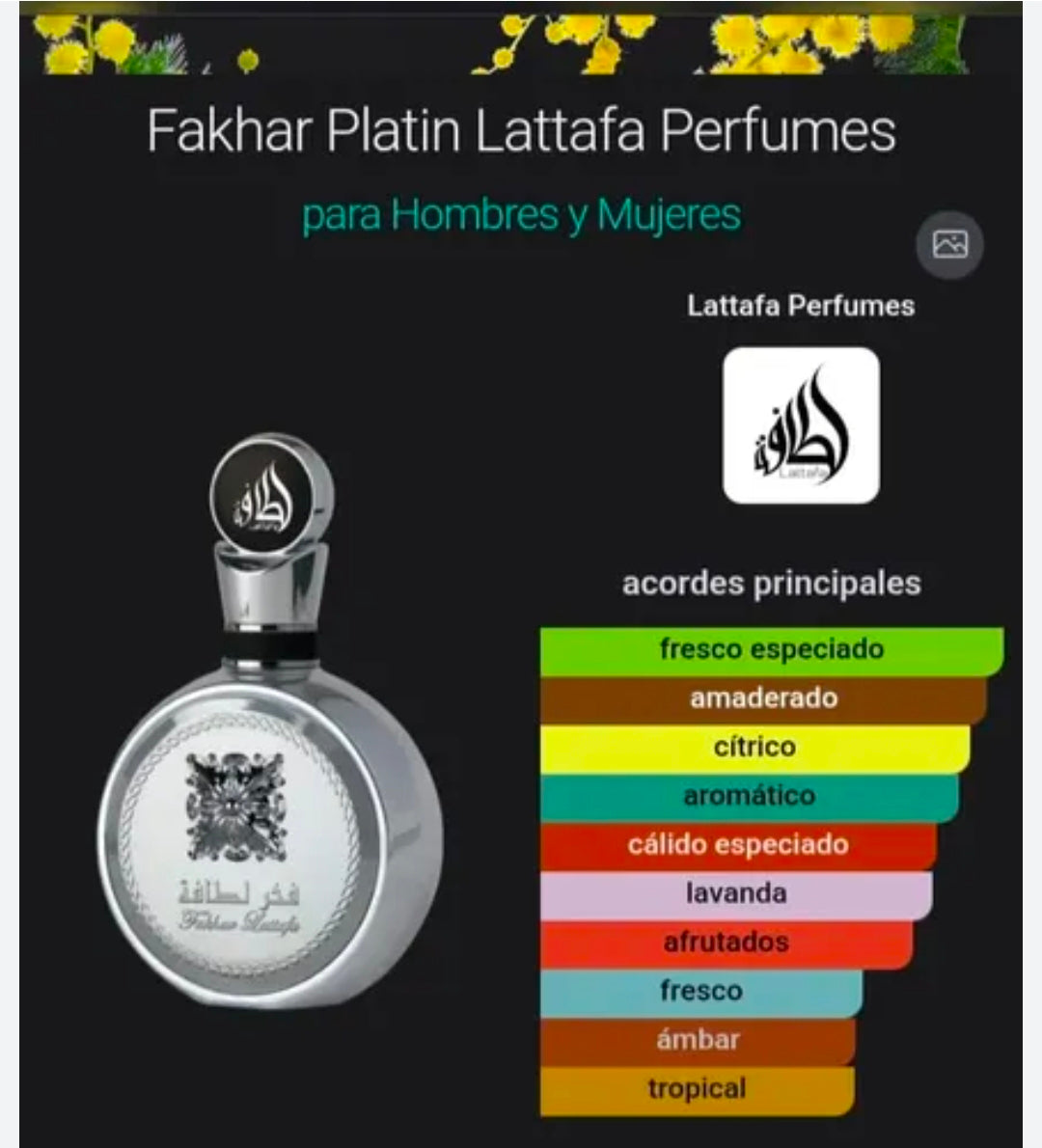 Fakhar Platin de Lattafa Perfumes. Notas de Salida (Primer impacto): Bergamota, pimienta rosa y cardamomo.Notas de Corazón (Cuerpo de la fragancia): Guayaba, lavanda y jengibre.Notas  (Permanencia en piel): Incienso, palo santo y sándalo.100% Original