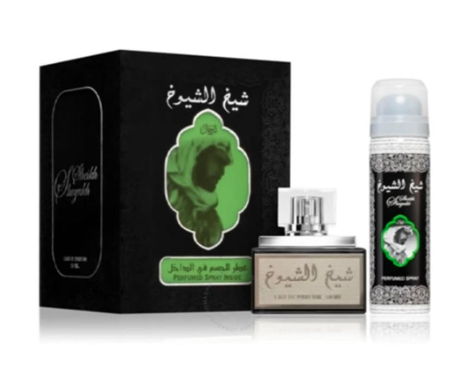 Sheikh Al Shuyukh de Lattafa Perfumes (edición clásica / Black Edition).Poderoso, sofisticado y místico. Eleva tu presencia con Sheikh Al Shuyukh de Lattafa, el combo de perfume y desodorante que define el verdadero carácter oriental amaderado. ✨️💛