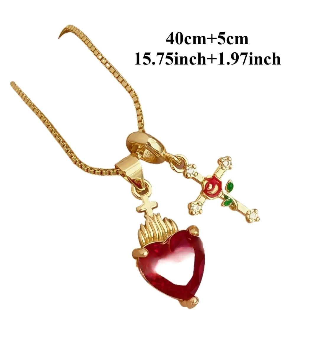 Elegante cadena con corazon y Cruz, ideal para regalo.