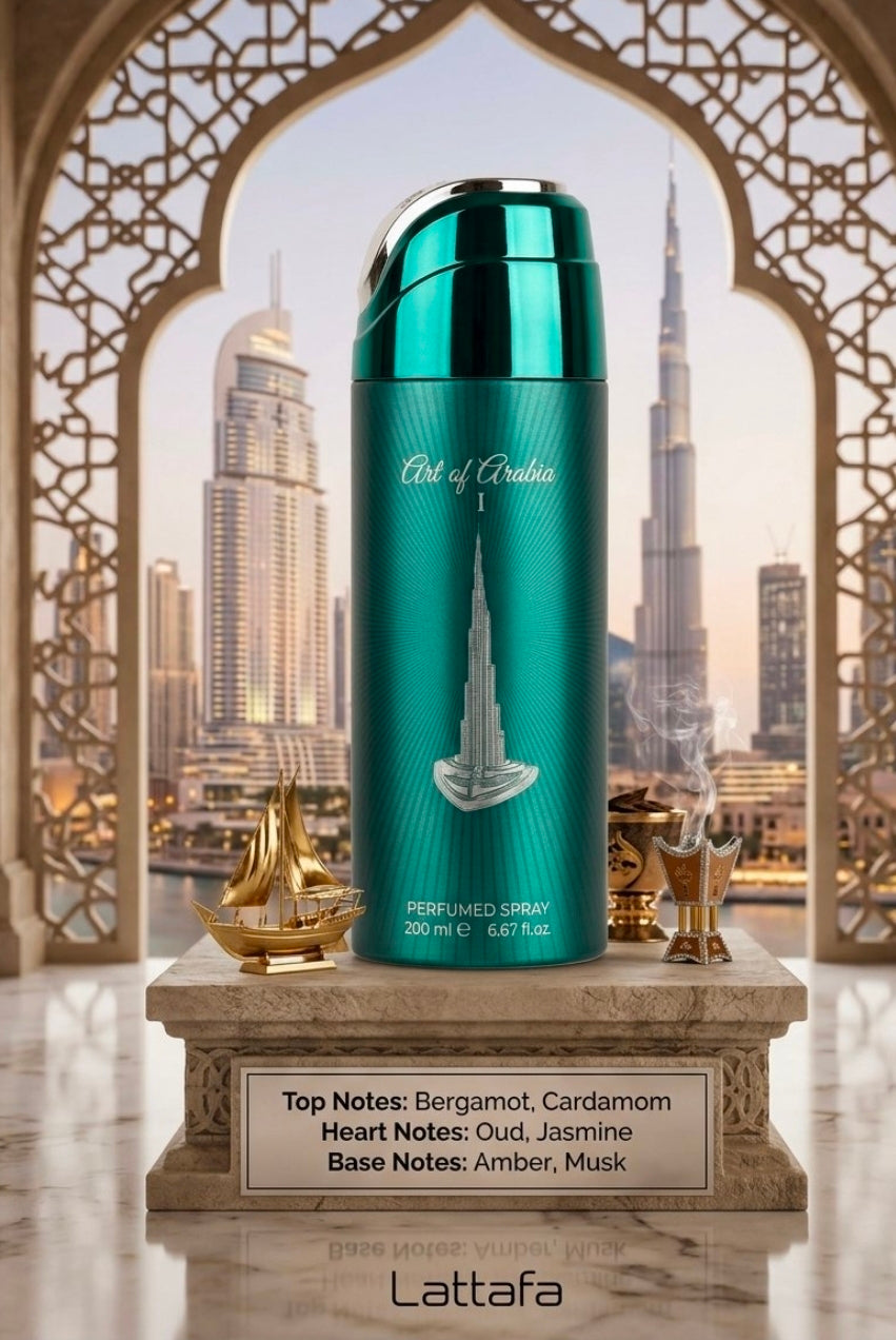 Lattafa Art of Arabia I Perfumed Spray (200 ml) es un body spray unisex premium que captura la esencia del lujo moderno y la tradición del Medio Oriente en una fragancia fresca, cítrica y profundamente mística.
