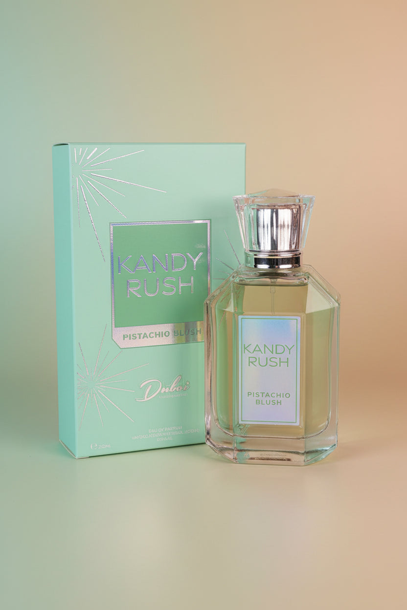 Kandy Rush "Pistachio Blush" de la marca Dubai Essences ( línea de fragancias árabes Dubai Fragrances). Es un Eau de Parfum diseñado predominantemente para mujer que ha ganado popularidad gracias a su tendencia olfativa dulce. Inspiración