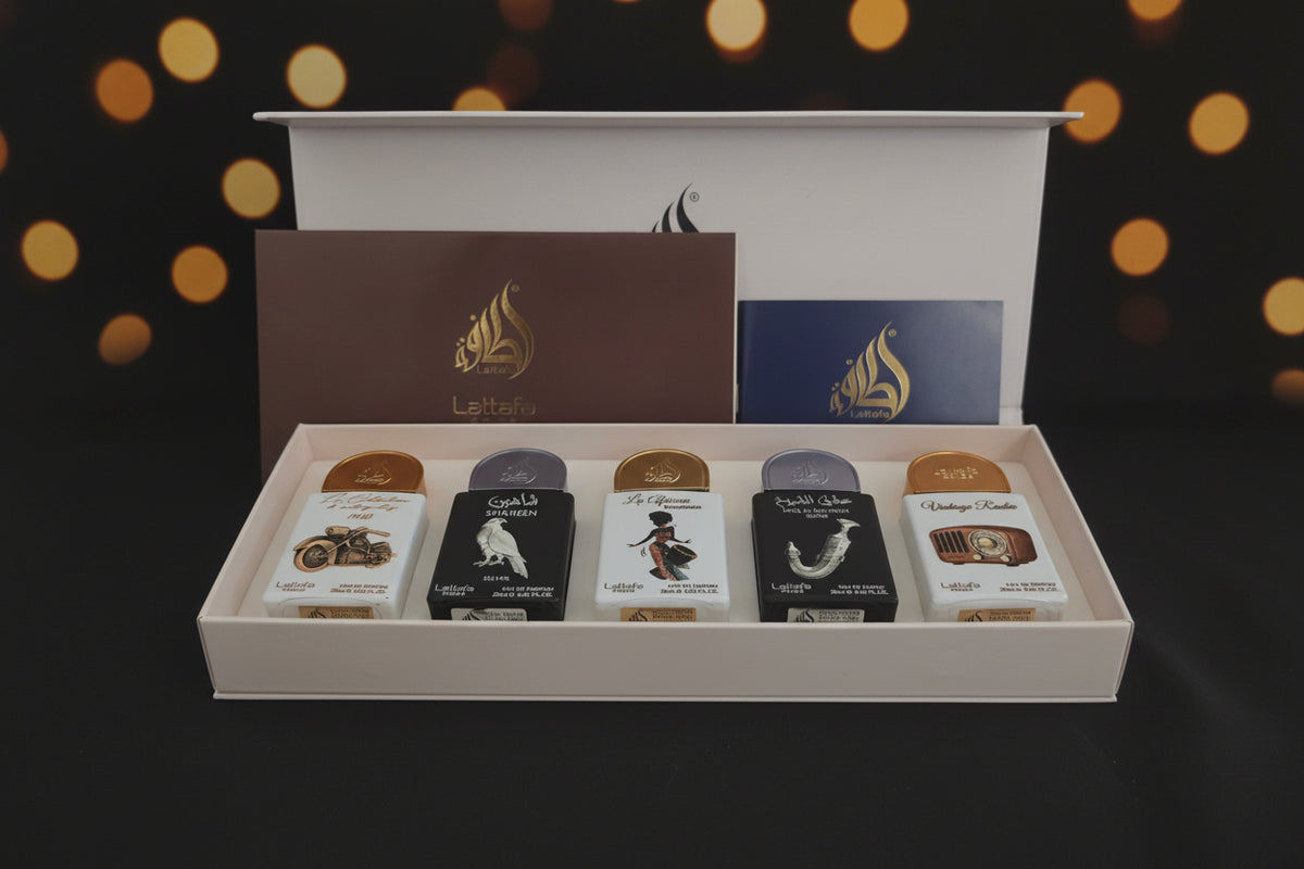 Lattafa Pride Discovery Set (Collection No. 5), un set de regalo premium de la prestigiosa casa árabe Lattafa. El set incluye 5 fragancias miniatura en formato de 20 ml cada una (todas en concentración Eau de Parfum).
