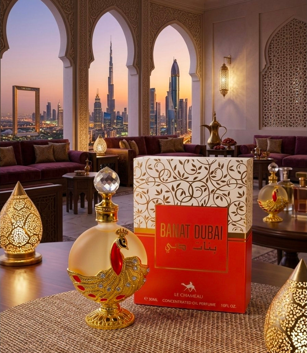 Banat Dubai de Le Chameau es un aceite de perfume concentrado (fragancia en aceite.Piña, Melocotón (durazno) y Ciruela. Le confieren un carácter jugoso, dulce y tropical. Para mujer.