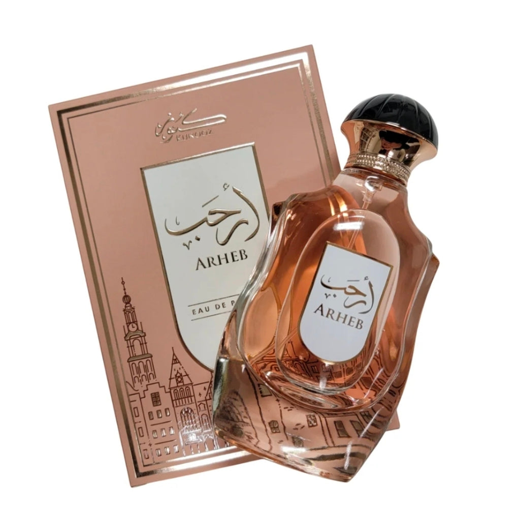 Arheb de Kunooz (Eau de Parfum, 100 ml) El perfume se abre con una sensación frutal, jugosa y chispeante gracias a la pera. Al asentarse, se transforma en un bouquet de flores blancas elegantes (iris y jazmín) y concluye con una base intensamente dulce.